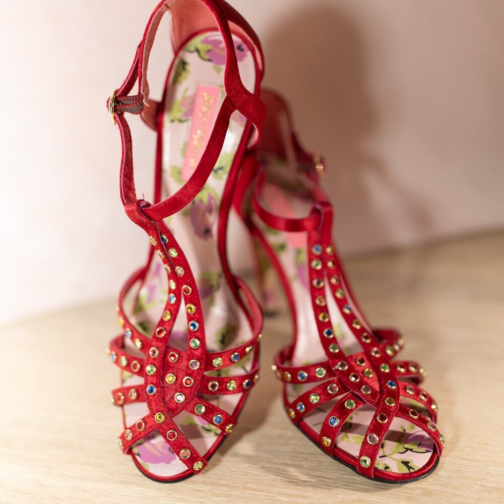 Betsey Johnson Red Jeweled Strappy Heels